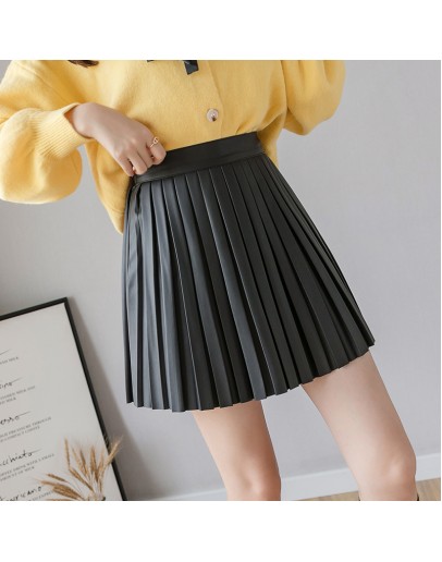 High Waisted Women's Faux Leather Skirt Fall Spring Harajuku Pleated Skirts Short Mini PU Faldas Mujer Black Khaki Jupe Femme