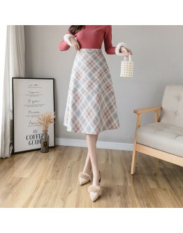 Autumn Winter Women's A-line Plaid Woolen Skirts   Elegant Midi Long Woman Skirt Ladies High Waist Vintage Faldas