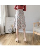 Autumn Winter Women's A-line Plaid Woolen Skirts   Elegant Midi Long Woman Skirt Ladies High Waist Vintage Faldas