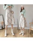 Autumn Winter Women's A-line Plaid Woolen Skirts   Elegant Midi Long Woman Skirt Ladies High Waist Vintage Faldas