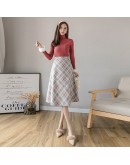 Autumn Winter Women's A-line Plaid Woolen Skirts   Elegant Midi Long Woman Skirt Ladies High Waist Vintage Faldas