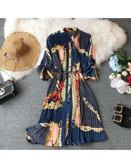  Pleated Dresses Women Spring Summer Elegant Long Sleeve Print Dress Female Party Chiffon Dresses Elegant Robe Femme