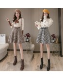 Autumn Winter Women Houndstooth Skirt  High Waist Plaid Wool Skirts Bow Tie Plus Size Mini Woolen Skirt Ball Gown Saias