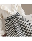 Autumn Winter Women Houndstooth Skirt  High Waist Plaid Wool Skirts Bow Tie Plus Size Mini Woolen Skirt Ball Gown Saias