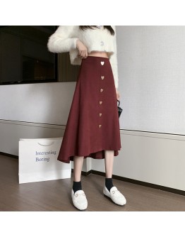  Irregular Long Skirts for Women High Waisted Heart Style Button Midi Skirt A-Line Sweet Red Black Japanese Jupe