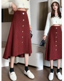  Irregular Long Skirts for Women High Waisted Heart Style Button Midi Skirt A-Line Sweet Red Black Japanese Jupe