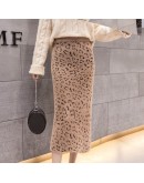 Autumn Winter Leopard Skirt Women Hight Waist  Midi Knitted Skirts Female Warm Skirt Sexy Split Hip Package Faldas Jupe Femme