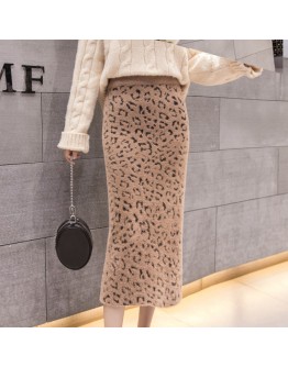 Autumn Winter Leopard Skirt Women Hight Waist  Midi Knitted Skirts Female Warm Skirt Sexy Split Hip Package Faldas Jupe Femme