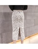 Autumn Winter Leopard Skirt Women Hight Waist  Midi Knitted Skirts Female Warm Skirt Sexy Split Hip Package Faldas Jupe Femme