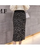 Autumn Winter Leopard Skirt Women Hight Waist  Midi Knitted Skirts Female Warm Skirt Sexy Split Hip Package Faldas Jupe Femme