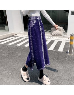 Tie Dye Knitted Midi Long Skirt Women Autumn Winter Vinatge  Elegant Print Straight Side Slit High Waist Skirts Female