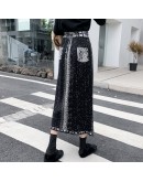 Tie Dye Knitted Midi Long Skirt Women Autumn Winter Vinatge  Elegant Print Straight Side Slit High Waist Skirts Female