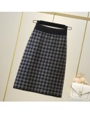 Autumn Winter Thicken Warm Plaid Knitted Skirt Women High Waisted Knee Length Midi Sweater Skirts with Pocket Hip Package Faldas