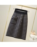 Autumn Winter Thicken Warm Plaid Knitted Skirt Women High Waisted Knee Length Midi Sweater Skirts with Pocket Hip Package Faldas