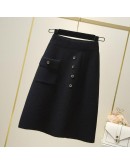 Autumn Winter Thicken Warm Plaid Knitted Skirt Women High Waisted Knee Length Midi Sweater Skirts with Pocket Hip Package Faldas