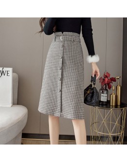 Autumn Winter Woolen Skirt Women High Waisted Single Breasted Midi Skirts Plaid Office Work High  Clothing Faldas