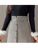 Autumn Winter Woolen Skirt Women High Waisted Single Breasted Midi Skirts Plaid Office Work High  Clothing Faldas