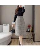 Autumn Winter Woolen Skirt Women High Waisted Single Breasted Midi Skirts Plaid Office Work High  Clothing Faldas