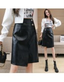 Irregular Faux Leather Skirts for Women High Waisted Autumn Winter Hip Package Knee Length Midi PU Skirt Streetwear Punk Faldas