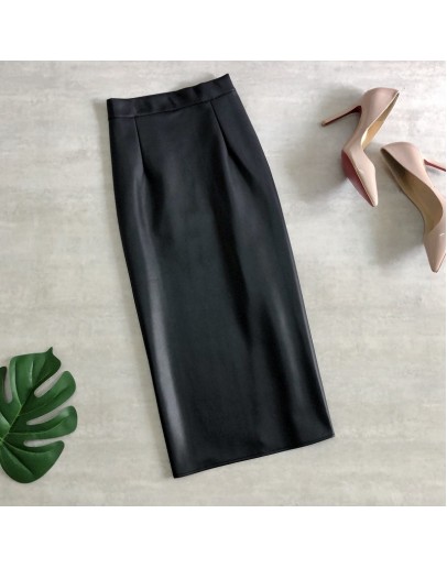  Autumn Winter Faxu Leather Skirt Women Midi Wrap Skirts High Waist Back Split Sheath Pencil Sexy PU Faldas Female