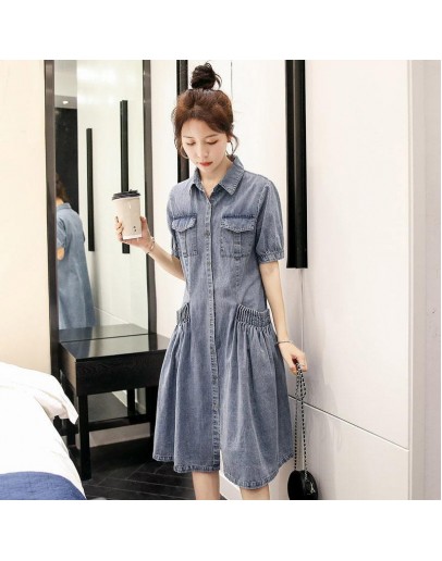   Summer Women Denim Dress Large size Loose Short sleeve Lapel Single Breasted Pocket Dresses Midi Harajuku Vestido