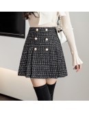 Fall Winter Tweed Woolen Skirt Women   High Waisted Double Breasted Short Mini Bootie Skirts Plaid Pleated Faldas