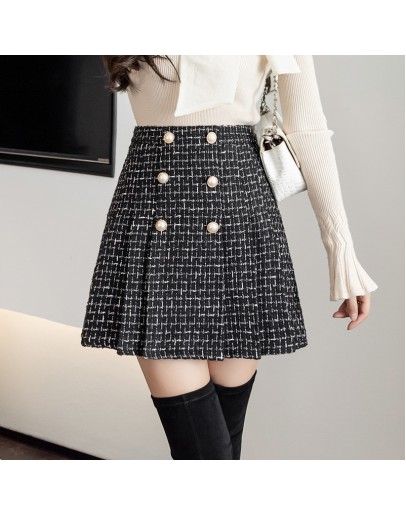 Fall Winter Tweed Woolen Skirt Women   High Waisted Double Breasted Short Mini Bootie Skirts Plaid Pleated Faldas