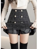 Fall Winter Tweed Woolen Skirt Women   High Waisted Double Breasted Short Mini Bootie Skirts Plaid Pleated Faldas