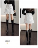 Fall Winter Tweed Woolen Skirt Women   High Waisted Double Breasted Short Mini Bootie Skirts Plaid Pleated Faldas