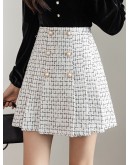 Fall Winter Tweed Woolen Skirt Women   High Waisted Double Breasted Short Mini Bootie Skirts Plaid Pleated Faldas