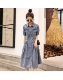   Summer Women Denim Dress Large size Loose Short sleeve Lapel Single Breasted Pocket Dresses Midi Harajuku Vestido