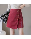 Irregular PU Leather Skirt Women Autumn High Waist Side Button Short Mini Skirts Streetwear  Harajuku Wine Red Black Jupe