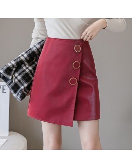 Irregular PU Leather Skirt Women Autumn High Waist Side Button Short Mini Skirts Streetwear  Harajuku Wine Red Black Jupe