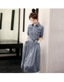   Summer Women Denim Dress Large size Loose Short sleeve Lapel Single Breasted Pocket Dresses Midi Harajuku Vestido