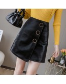 Irregular PU Leather Skirt Women Autumn High Waist Side Button Short Mini Skirts Streetwear  Harajuku Wine Red Black Jupe