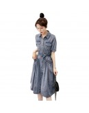   Summer Women Denim Dress Large size Loose Short sleeve Lapel Single Breasted Pocket Dresses Midi Harajuku Vestido