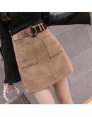 Autumn Winter A Line Corduroy Skirt Women  High Waist Mini Skirts Belted Pocket Saias Ladies Short Skirts Jupe Femme