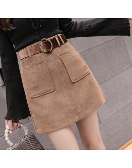 Autumn Winter A Line Corduroy Skirt Women  High Waist Mini Skirts Belted Pocket Saias Ladies Short Skirts Jupe Femme