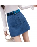 Autumn Winter A Line Corduroy Skirt Women  High Waist Mini Skirts Belted Pocket Saias Ladies Short Skirts Jupe Femme