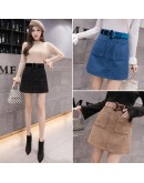 Autumn Winter A Line Corduroy Skirt Women  High Waist Mini Skirts Belted Pocket Saias Ladies Short Skirts Jupe Femme