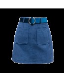 Autumn Winter A Line Corduroy Skirt Women  High Waist Mini Skirts Belted Pocket Saias Ladies Short Skirts Jupe Femme