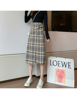 Fall Vintage Plaid Midi Skirt for Women High Waisted Spring Irregular Lace Up Long Skirts Hip Package Japanese Faldas Mujer