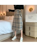 Fall Vintage Plaid Midi Skirt for Women High Waisted Spring Irregular Lace Up Long Skirts Hip Package Japanese Faldas Mujer