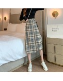 Fall Vintage Plaid Midi Skirt for Women High Waisted Spring Irregular Lace Up Long Skirts Hip Package Japanese Faldas Mujer