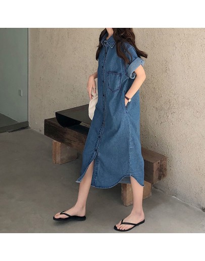  Summer Vintage Long Denim Dress Women Split Korea Elegant Loose Short Sleeve Cowboy Dresses Loose Vestido Chic Streetwear