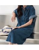  Summer Vintage Long Denim Dress Women Split Korea Elegant Loose Short Sleeve Cowboy Dresses Loose Vestido Chic Streetwear