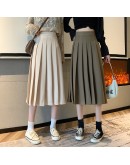 Autumn Women's Midi Pleated Skirt High Waist Elegant Teenager Solid Skirts Harajuku Faldas Largas Mujer Black Beige Jupe