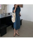  Summer Vintage Long Denim Dress Women Split Korea Elegant Loose Short Sleeve Cowboy Dresses Loose Vestido Chic Streetwear