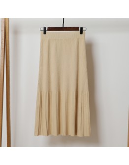 Midi Length Knitted Skirt Women Fall Winter   Clothing Elastic High Waist Pleated Skirts Bottom Faldas Mujer