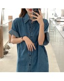  Summer Vintage Long Denim Dress Women Split Korea Elegant Loose Short Sleeve Cowboy Dresses Loose Vestido Chic Streetwear